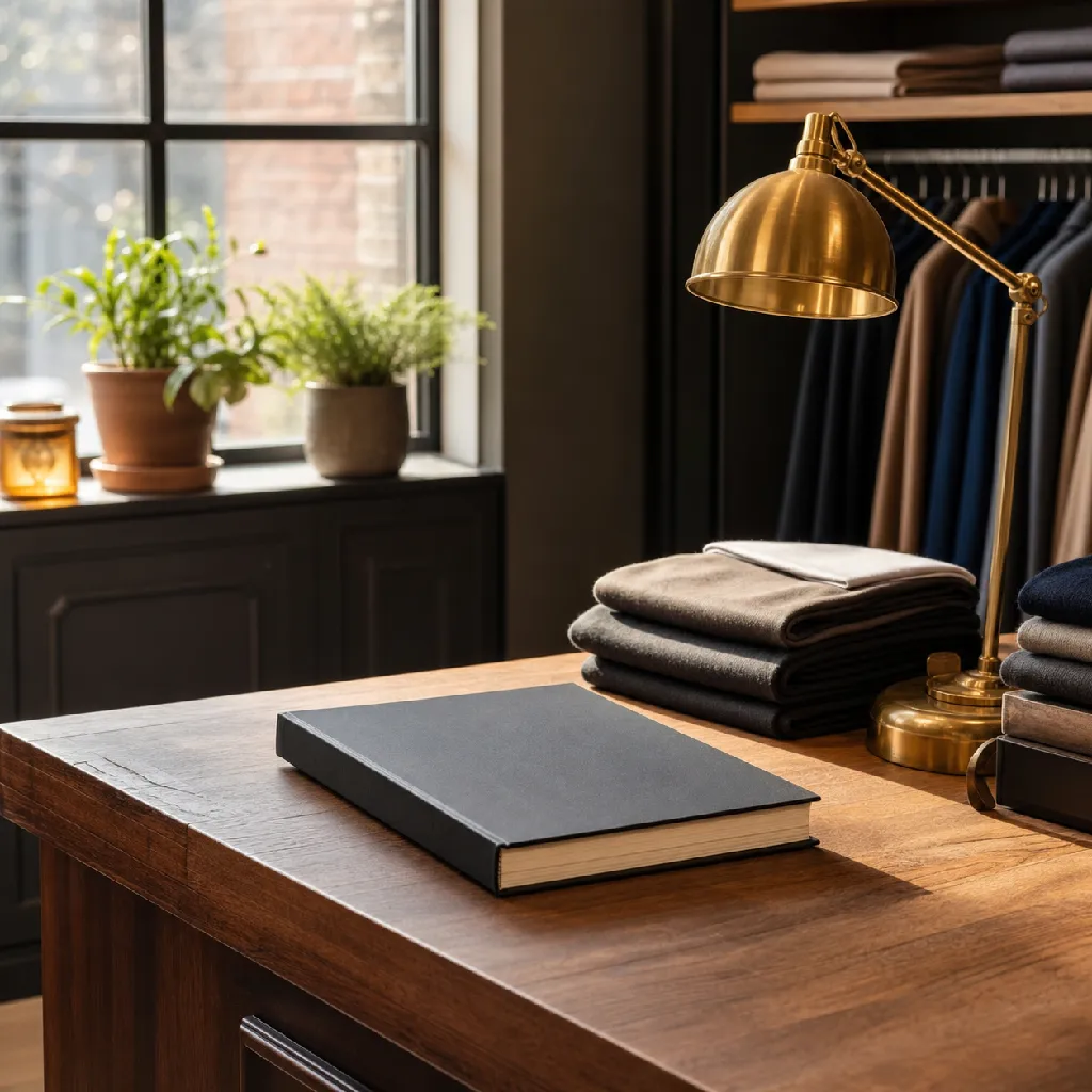 Tidy apparel showroom counter with a ledger, brass desk lamp and folded stock near a window