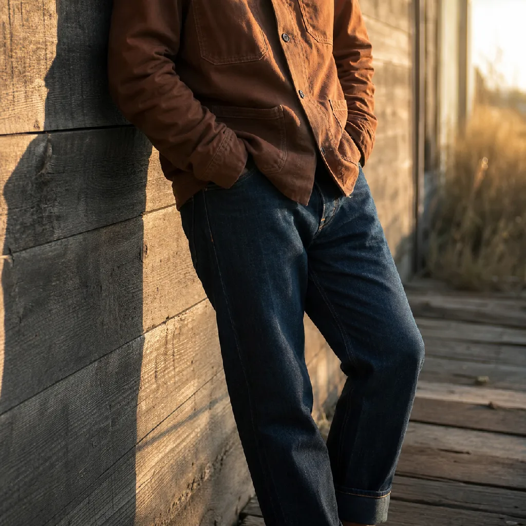 Person in a rust chore coat and indigo selvedge jeans leaning against a weathered wooden wall