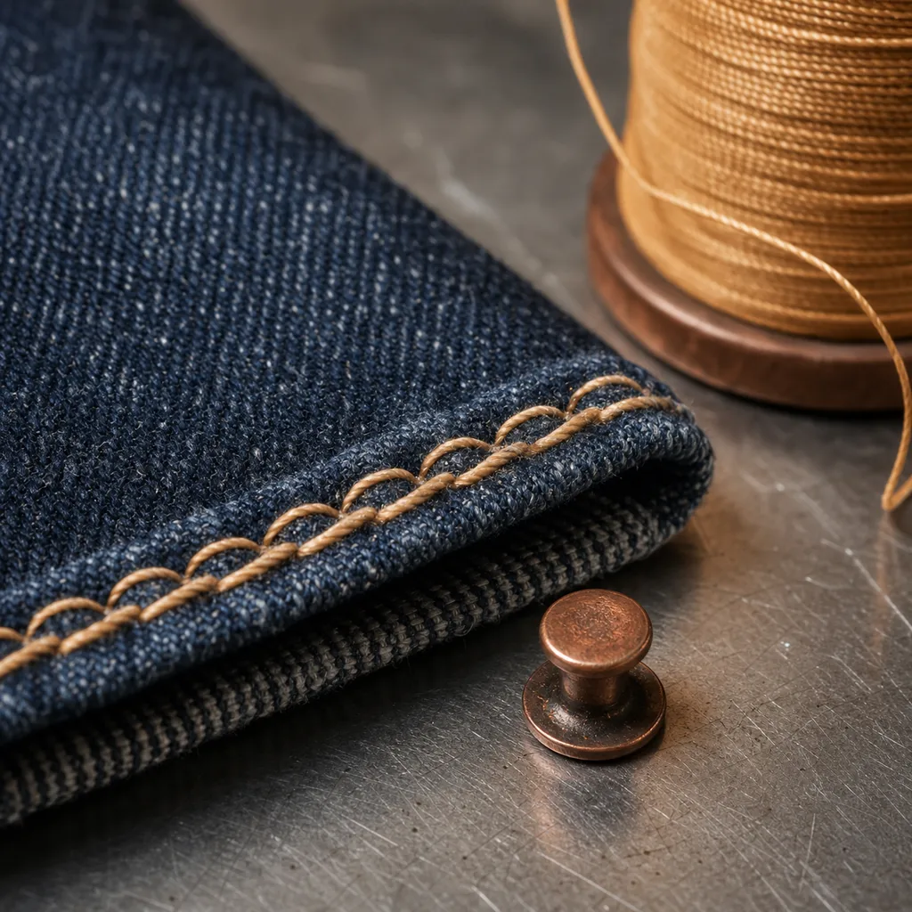 Macro of a chain-stitched denim hem and copper rivet beside a spool of thread on a steel workbench